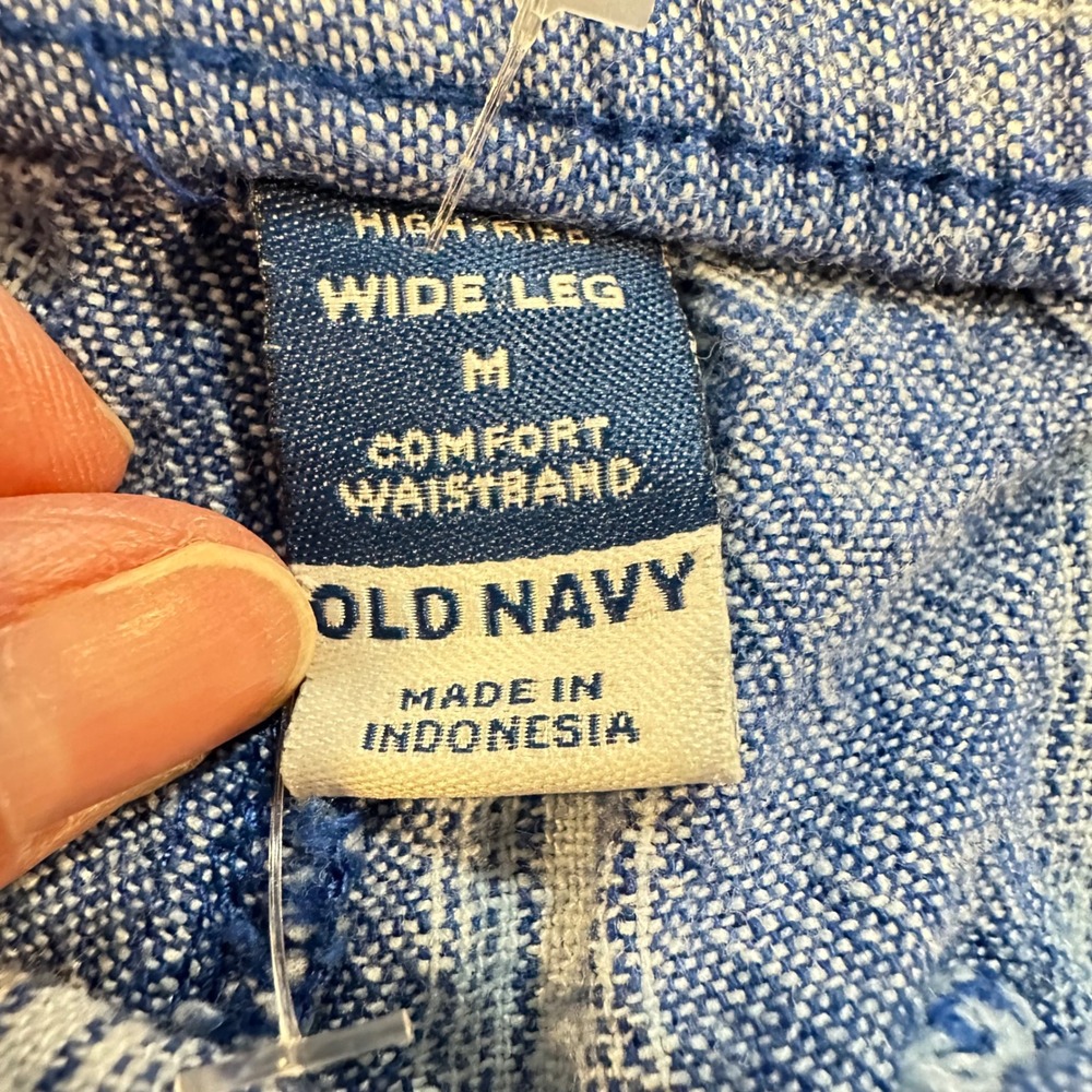 Old Navy Pants Women M Blue Striped Linen Blend High Rise Wide Leg Comfort Waist - Picture 3 of 8